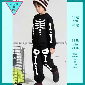 Đồ bộ bé trai tay dài in hình bộ xương phong cách cho bé yêu diện đi chơi halloweeen siêu ngầu