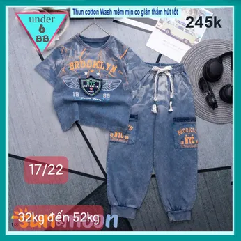 Đồ bộ bé trai tay ngắn quần dài ( vải wash ) in BROOKLYN phong cách cực ngầu cho bé diện đi chơi , đi học