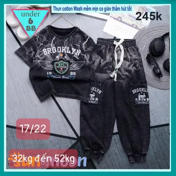 Đồ bộ bé trai tay ngắn quần dài ( vải wash ) in BROOKLYN phong cách cực ngầu cho bé diện đi chơi , đi học