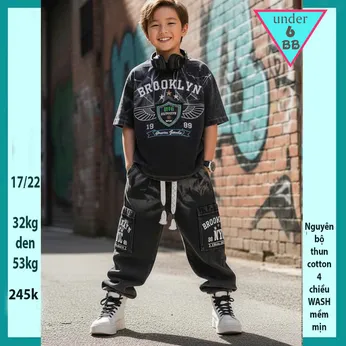 Đồ bộ bé trai tay ngắn quần dài ( vải wash ) in BROOKLYN phong cách cực ngầu cho bé diện đi chơi , đi học