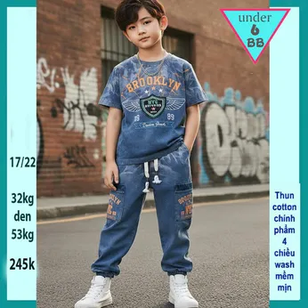 Đồ bộ bé trai tay ngắn quần dài ( vải wash ) in BROOKLYN phong cách cực ngầu cho bé diện đi chơi , đi học