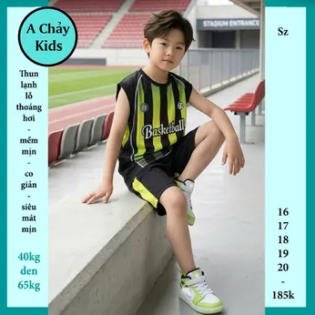 Đồ bộ bé trai thun lạnh sát nách in chữ Basketball - Đen