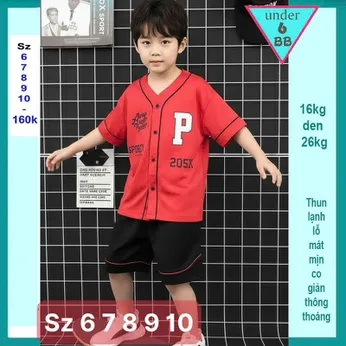Đồ bộ bé trai thun lạnh thể thao in chữ P phong cách bóng chày cho bé đi chơi , đi học