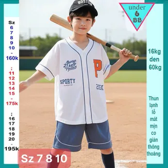 Đồ bộ bé trai thun lạnh thể thao in chữ P phong cách bóng chày cho bé đi chơi , đi học