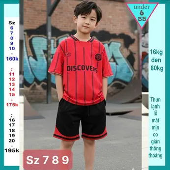 Đồ bộ bé trai thun lạnh thể thao in chữ phối sọc phong cách bóng rổ cho bé diện đi chơi , đi học