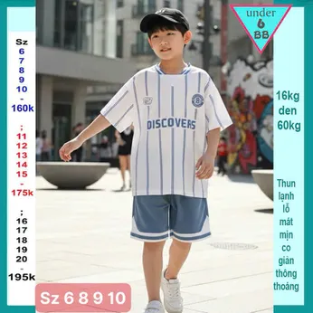 Đồ bộ bé trai thun lạnh thể thao in chữ phối sọc phong cách bóng rổ cho bé diện đi chơi , đi học