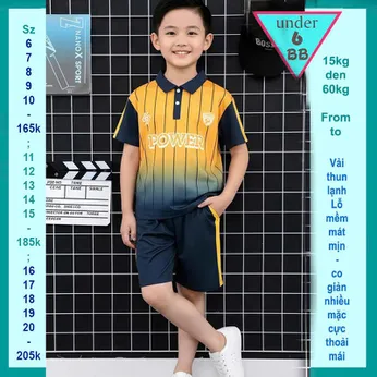Đồ bộ bé trai thun lạnh thể thao  ( style polo) in chữ power phối màu loang phong cách bóng đá cho bé diện đi chơi , đi học