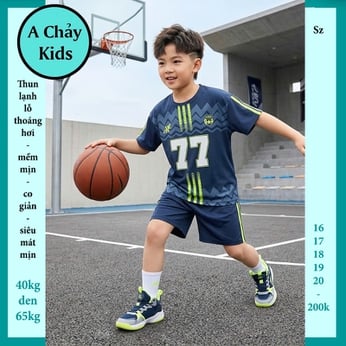 Đồ bộ bé trai thun lạnh thể thao in số 77 phong cách bóng đá cho bé diện đi chơi , đi học