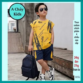 Đồ bộ bé trai sát nách cotton in chữ phong cách cá tính cho bé yêu đi đi chơi , du lịch mùa hè