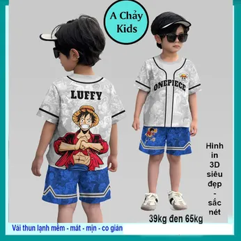 Đồ bộ thun lạnh cho bé in 3D Hình Luffy thiết kế phong cách bóng chày cho bé đi chơi , đi học