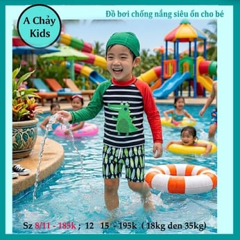 Đồ bơi bé trai tay dài in 3D hình khủng long phối sọc ngang cho bé đi bơi , đi tắm biển