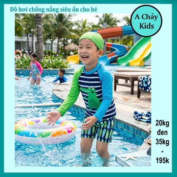 Đồ bơi bé trai tay dài in 3D hình khủng long phối sọc ngang cho bé đi bơi , đi tắm biển