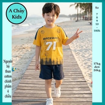Quần áo bé trai cotton in số 71 phối màu loang phong cách cá tính cho bé đi chơi , đi học 