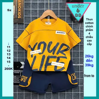 Quần áo bé trai cotton in chữ YOUR LIFE phối quần túi hộp cá tính dành cho bé đi chơi , đi học