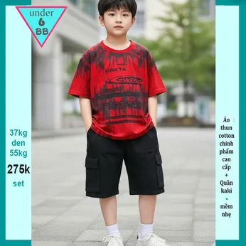 Quần áo bé trai ( Áo thun cotton + Quần Kaki ) in chữ phối màu loang phong cách cực ngầu cho bé đi chơi , đi du lịch