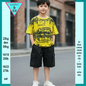 Quần áo bé trai ( Áo thun cotton + Quần Kaki ) in chữ phối màu loang phong cách cực ngầu cho bé đi chơi , đi du lịch