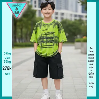 Quần áo bé trai ( Áo thun cotton + Quần Kaki ) in chữ phối màu loang phong cách cực ngầu cho bé đi chơi , đi du lịch