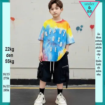 Quần áo bé trai ( Áo thun cotton + Quần vải dù ) in chữ phối màu loang phong cách cực cá tính sang trọng cho bé đi chơi , đi du lịch