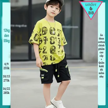 Quần áo bé trai ( Áo thun cotton + Quần vải dù ) in số phối màu loang phong cách cực cá tính siêu ngầu cho bé đi chơi , đi du lịch