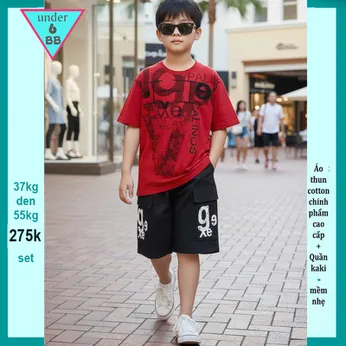 Quần áo bé trai ( Áo thun cotton + Quần Kaki ) in chữ phong cách cực ngầu cho bé đi chơi , đi du lịch