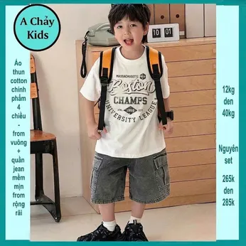 Set bộ jean bé trai (Áo thun cotton + Quần jean ) in chữ mang phong cách hàn quốc cá tính cho bé đi chơi , du lịch
