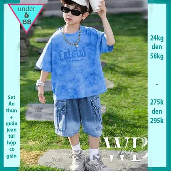 Set bộ jean bé trai ( áo vải thun cotton - quần jean co giãn ) in chữ Catclab phối màu loang phong cách cực cá tính cho bé diện đi chơi , du lịch