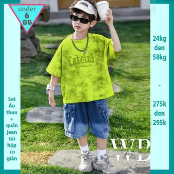 Set bộ jean bé trai ( áo vải thun cotton - quần jean co giãn ) in chữ Catclab phối màu loang phong cách cực cá tính cho bé diện đi chơi , du lịch