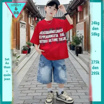Set bộ jean bé trai ( áo vải thun cotton - quần jean co giãn ) in chữ phong cách hàn quốc cá tính cho bé đi chơi , du lịch