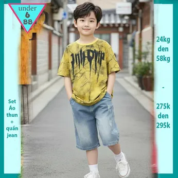 Set bộ jean bé trai ( áo vải thun cotton - quần jean co giãn ) in chữ phối màu loang phong cách cá tính cho bé diện đi chơi , du lịch