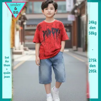 Set bộ jean bé trai ( áo vải thun cotton - quần jean co giãn ) in chữ phối màu loang phong cách cá tính cho bé diện đi chơi , du lịch