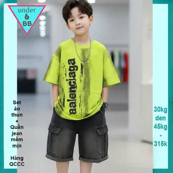 Set bộ jean bé trai ( áo vải cotton  - quần jean không co giãn ) in chữ phong cách cá tính cho bé đi chơi 