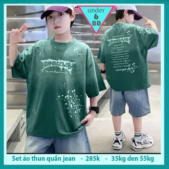 Set bộ jean bé trai ( áo vải thun cotton - quần jean co giãn ) in chữ phối màu loang phong cách cá tính cho bé diện đi chơi , du lịch