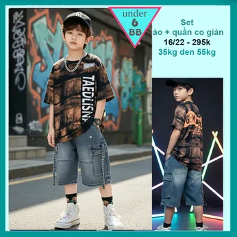 Set bộ jean bé trai ( áo vải thun cotton - quần jean co giãn ) in chữ phong cách hiphop siêu ngầu cho bé đi chơi , đi học