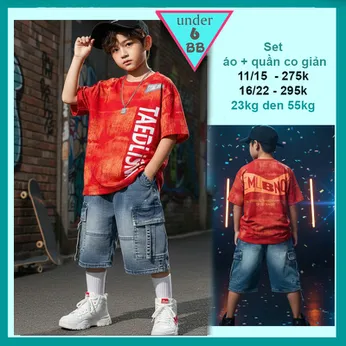 Set bộ jean bé trai ( áo vải thun cotton - quần jean co giãn ) in chữ phong cách hiphop siêu ngầu cho bé đi chơi , đi học