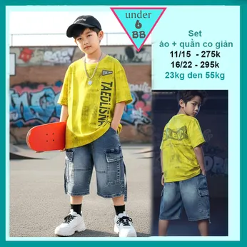 Set bộ jean bé trai ( áo vải thun cotton - quần jean co giãn ) in chữ phong cách hiphop siêu ngầu cho bé đi chơi , đi học
