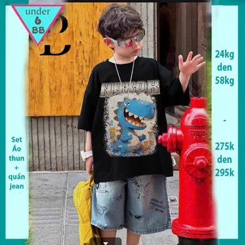 Set bộ jean bé trai ( áo vải thun cotton - quần jean co giãn ) in  hình Khủng Long cho bé diện đi chơi , đi học