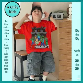 Set bộ jean bé trai (Áo thun cotton + Quần jean ) in hình Minecraft phong cách cá tính cho bé đi chơi , du lịch