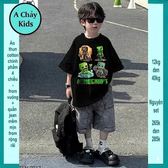 Set bộ jean bé trai (Áo thun cotton + Quần jean ) in hình Minecraft phong cách cá tính cho bé đi chơi , du lịch