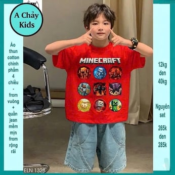 Set bộ jean bé trai ( áo vải thun cotton - quần jean cotton ) in Minecraft phong cách cá tính cho bé đi chơi 