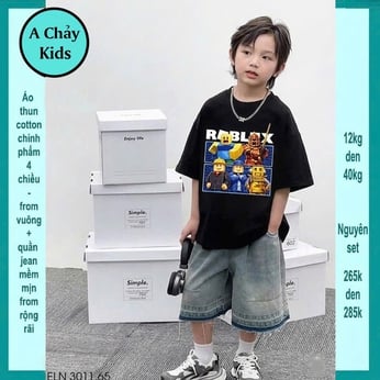 Set bộ jean bé trai ( Áo thun cotton + quần jean) in Rolox mang phong cách thời trang cá tính cho bé đi chơi, đi học