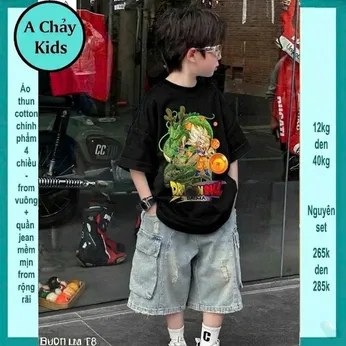 Set bộ jean bé trai ( Áo thun cotton + quần jean ) in hình Songoku mang phong cách thời trang cá tính cho bé đi chơi, đi học