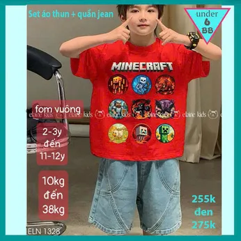 Set bộ jean bé trai ( áo vải thun cotton - quần jean không co giãn ) in Minecraft phong cách cá tính cho bé đi chơi 