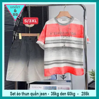 Set bộ jean bé trai ( áo vải thun cotton - quần jean co giãn ) in chữ phối màu loang phong cách cá tính cho bé diện đi chơi , du lịch