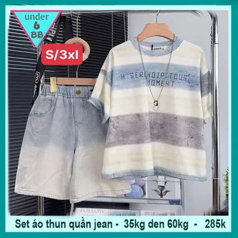 Set bộ jean bé trai ( áo vải thun cotton - quần jean co giãn ) in chữ phối màu loang phong cách cá tính cho bé diện đi chơi , du lịch