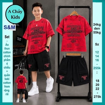 Set bộ kaki bé trai ( Áo thun cotton + quần kaki ) in chữ phong cách cá tính cho bé đi du lịch