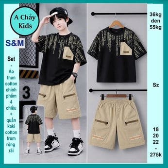 Set bộ kaki bé trai ( Áo thun cotton + quần kaki ) in chữ phong cách hàn quốc cá tính cho bé đi du lịch
