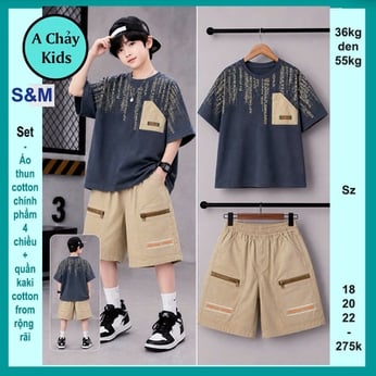Set bộ kaki bé trai ( Áo thun cotton + quần kaki ) in chữ phong cách hàn quốc cá tính cho bé đi du lịch