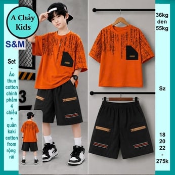 Set bộ kaki bé trai ( Áo thun cotton + quần kaki ) in chữ phong cách hàn quốc cá tính cho bé đi du lịch