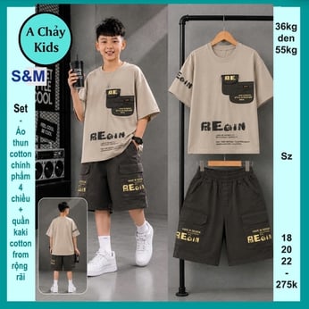 Set bộ kaki bé trai ( Áo thun cotton + quần kaki ) in chữ phong cách cá tính cho bé đi du lịch