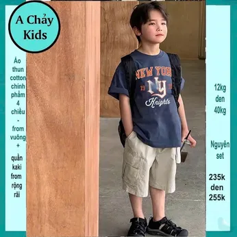 Set bộ kaki bé trai ( Áo thun cotton + quần kaki ) in chữ phong cách cá tính cực sang cho bé diện đi chơi , du lịch
